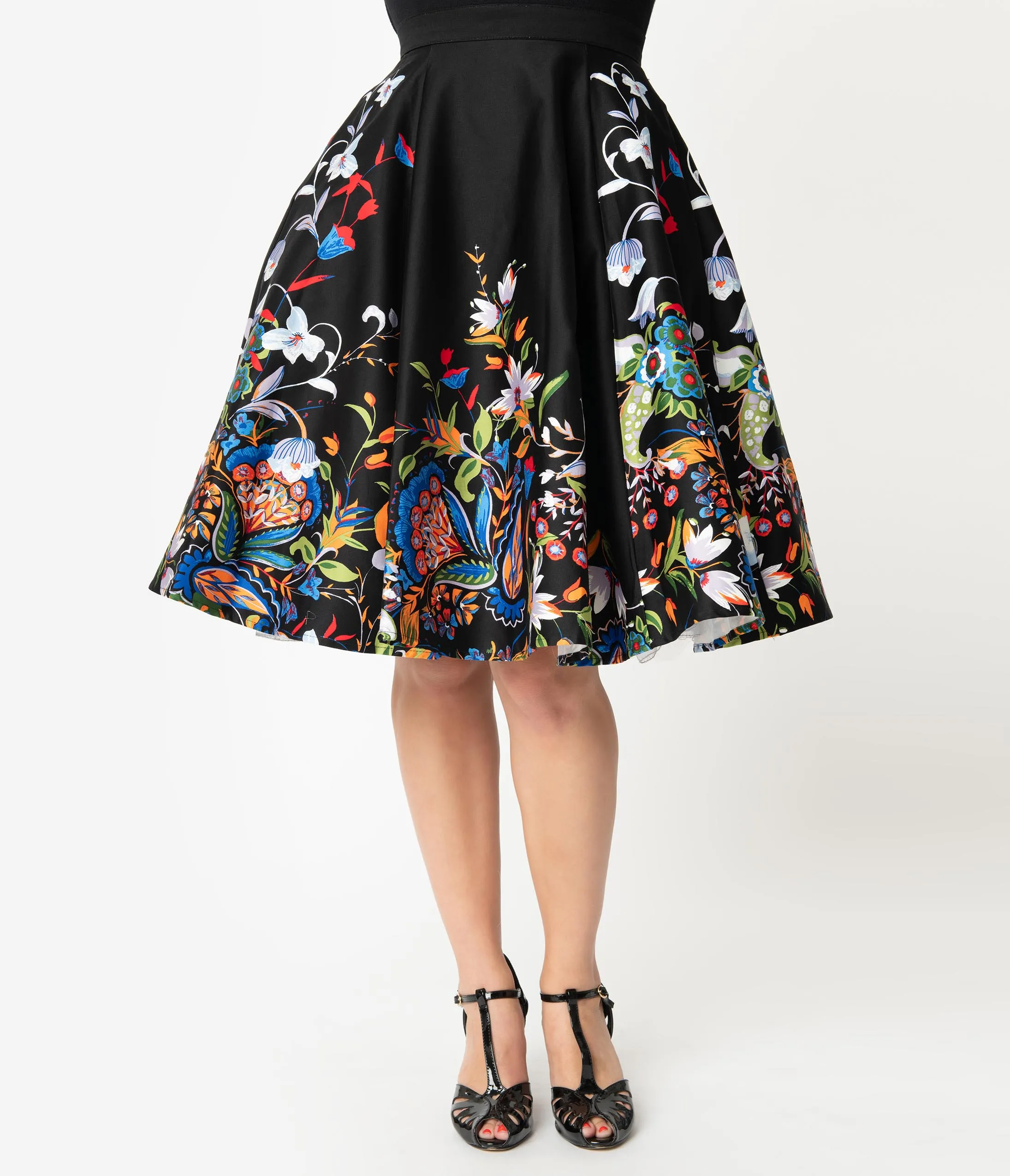 1950s Style Black Double Border Floral Print Swing Skirt