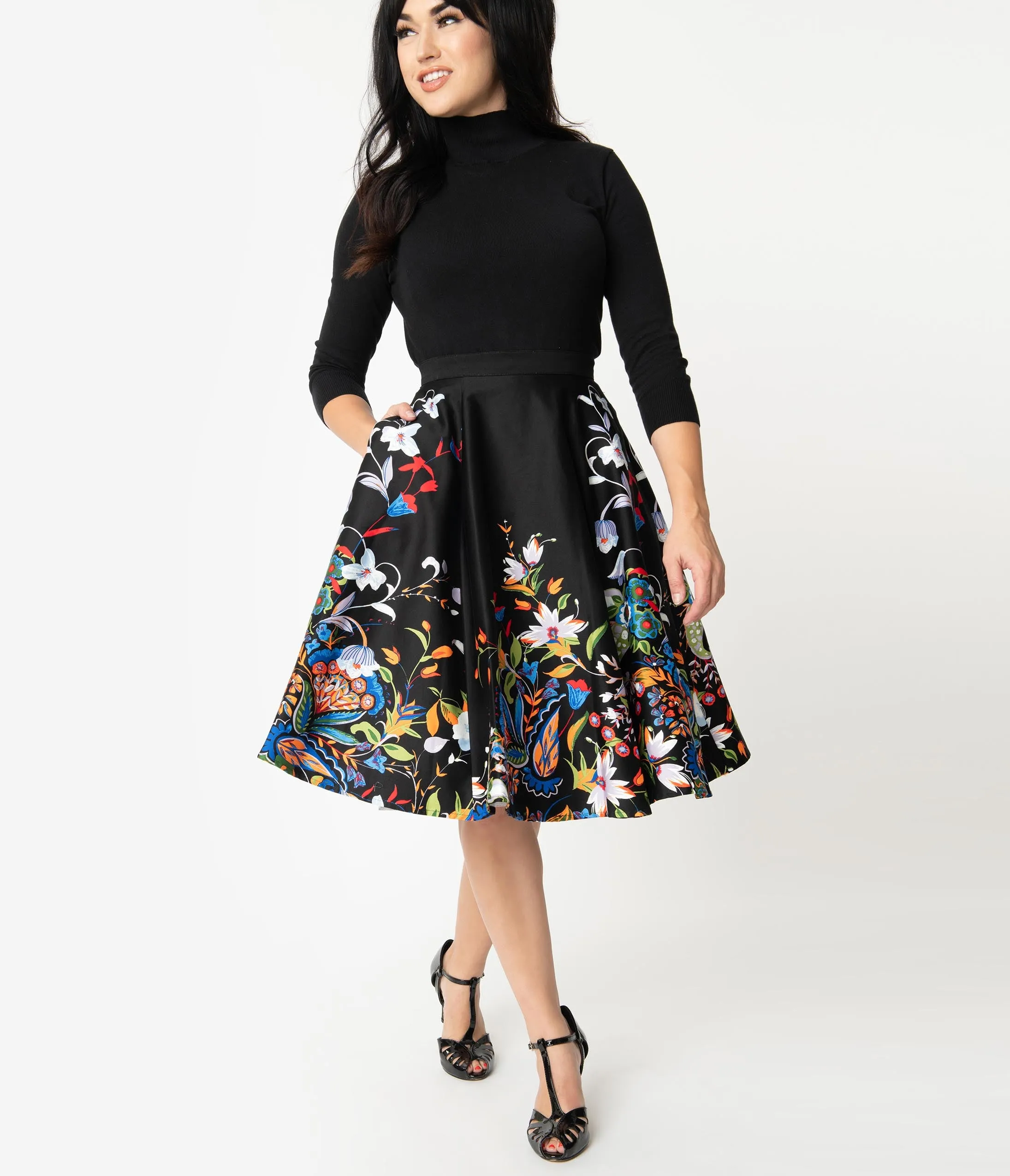 1950s Style Black Double Border Floral Print Swing Skirt