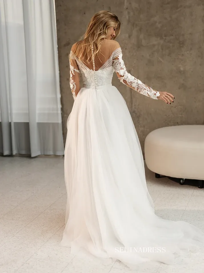 A-line Bateau Long Sleeve Wedding Dress Rustic Tulle Country Wedding Dresses KTC007