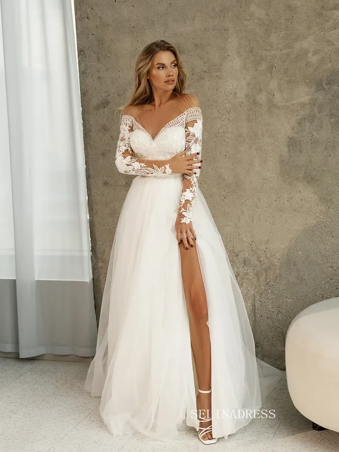 A-line Bateau Long Sleeve Wedding Dress Rustic Tulle Country Wedding Dresses KTC007