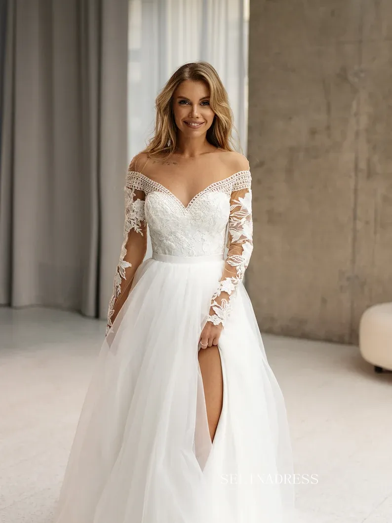 A-line Bateau Long Sleeve Wedding Dress Rustic Tulle Country Wedding Dresses KTC007