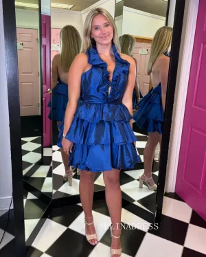 A-line Halter V neck Short Prom Dress Blue Homecoming Dresses #TKL2808