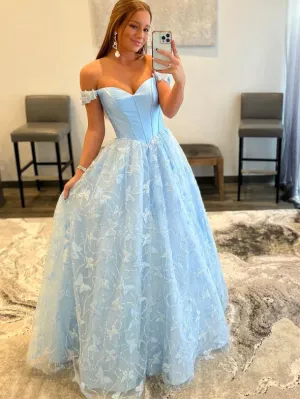 A-line Light Sky Blue Long Prom Dresses Off-the-shoulder Cheap Evening Dresses TKL0010