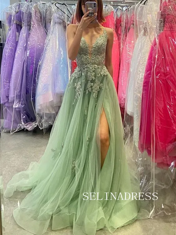 A-line Spaghetti Straps Sage Lace Long Prom Dresses High Split Evening Dress TKH005