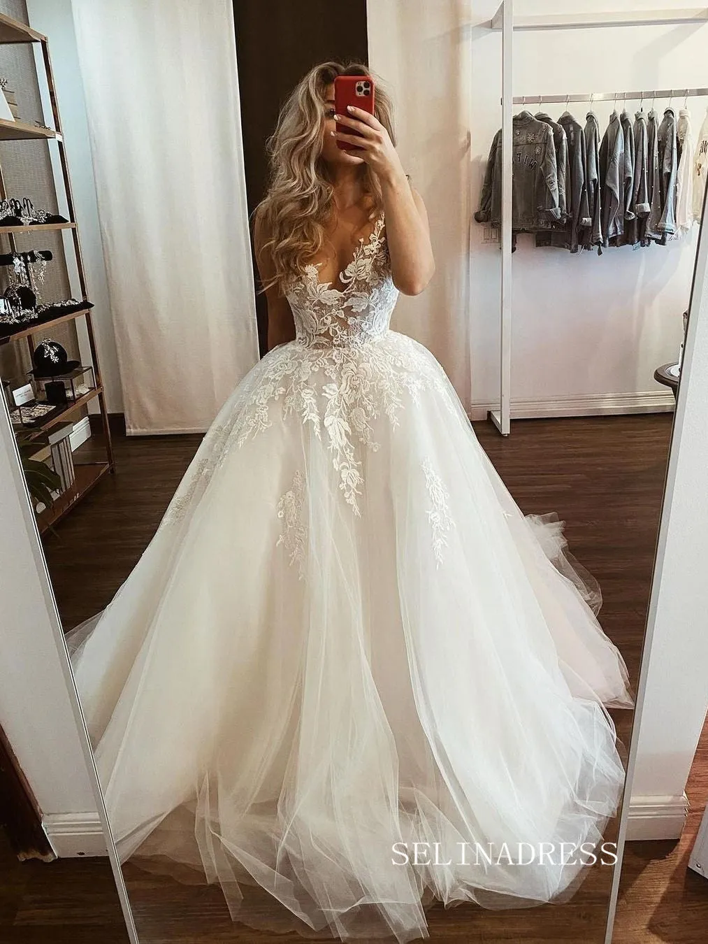 A-line V neck Lace Applique Wedding Dress Rustic Country Wedding Dresses #KOP085