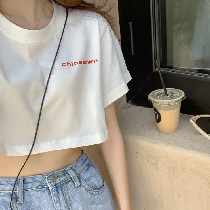 Bargain-Hunting White Cropped Navel Short Sleeve Tee