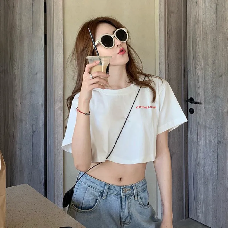 Bargain-Hunting White Cropped Navel Short Sleeve Tee