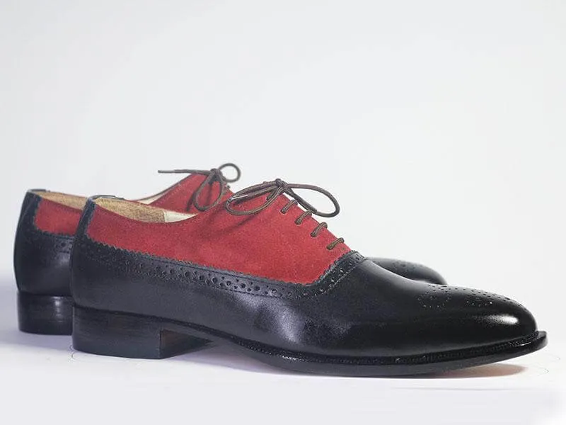 Bespoke Black Red Leather Suede Lace Up Shoe for Men