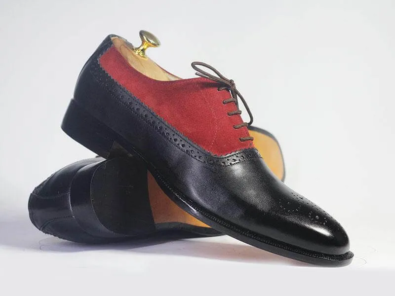 Bespoke Black Red Leather Suede Lace Up Shoe for Men