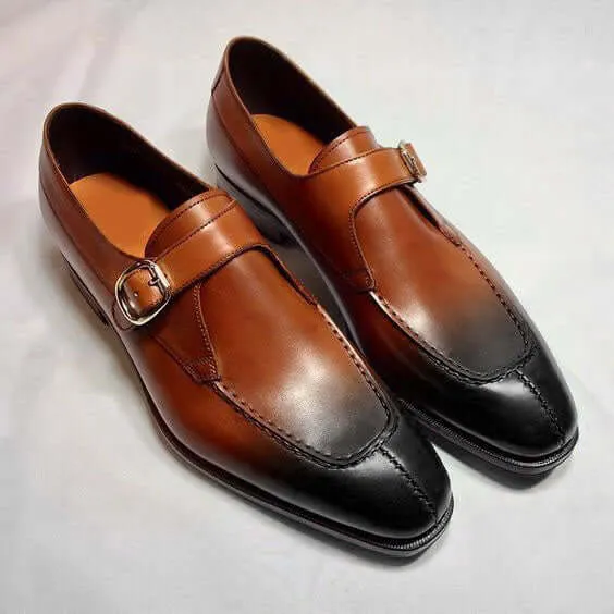 Bespoke Brown & Black Leather Split Toe Monk Strap Shoe for Men