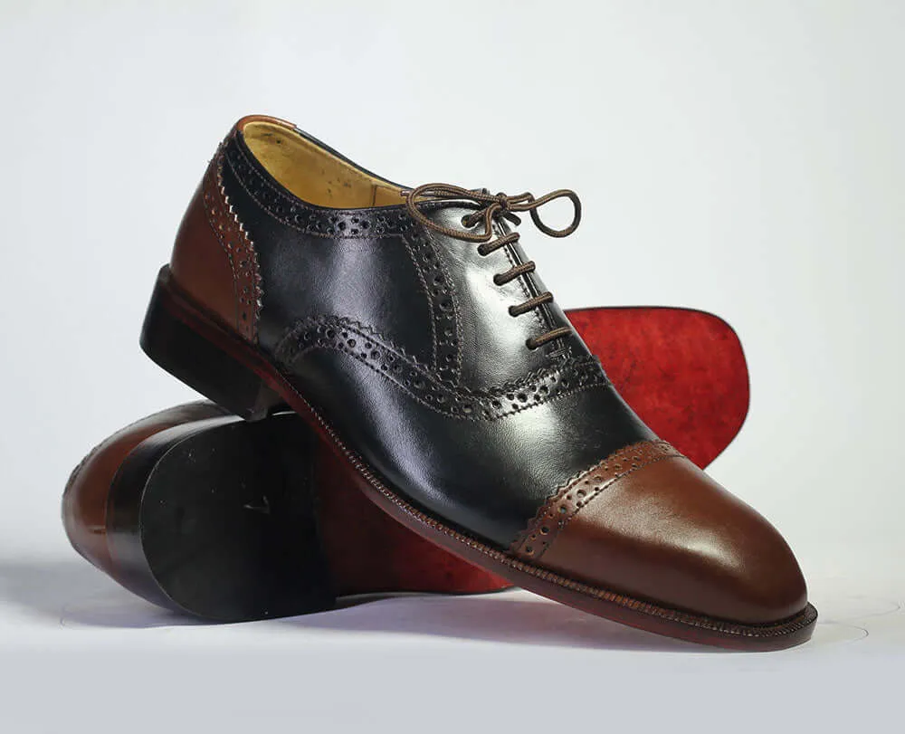 Bespoke Brown Black Leather Cap Toe Lace up Shoe for Men