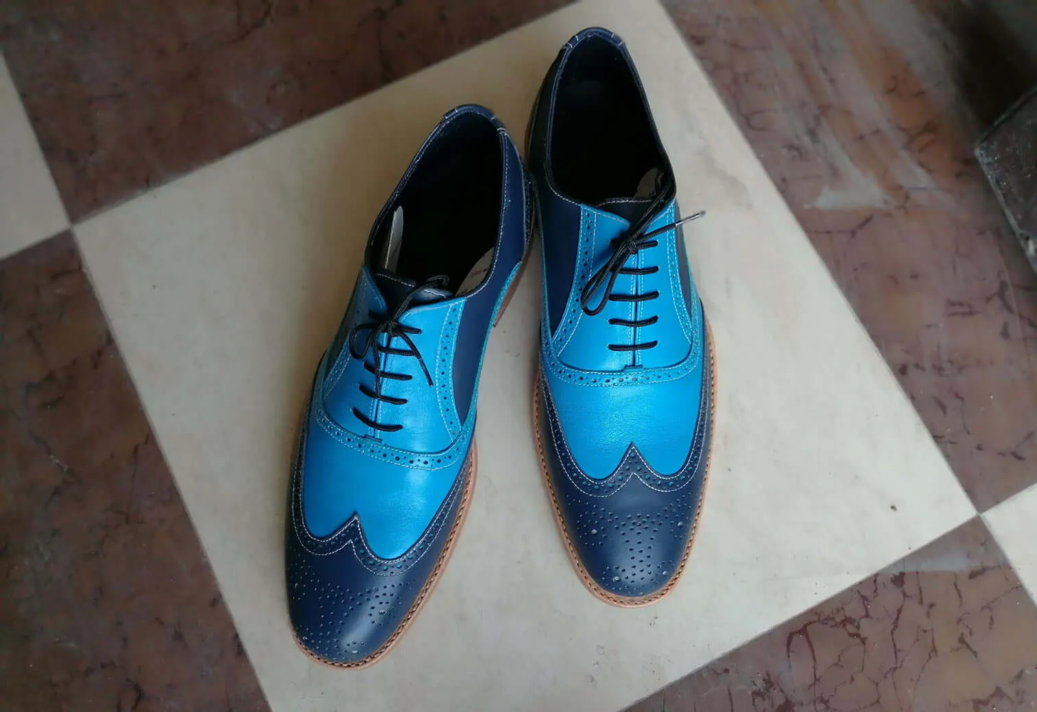 Bespoke Sky Blue & Blue Leather Wing Tip Lace Up Shoes