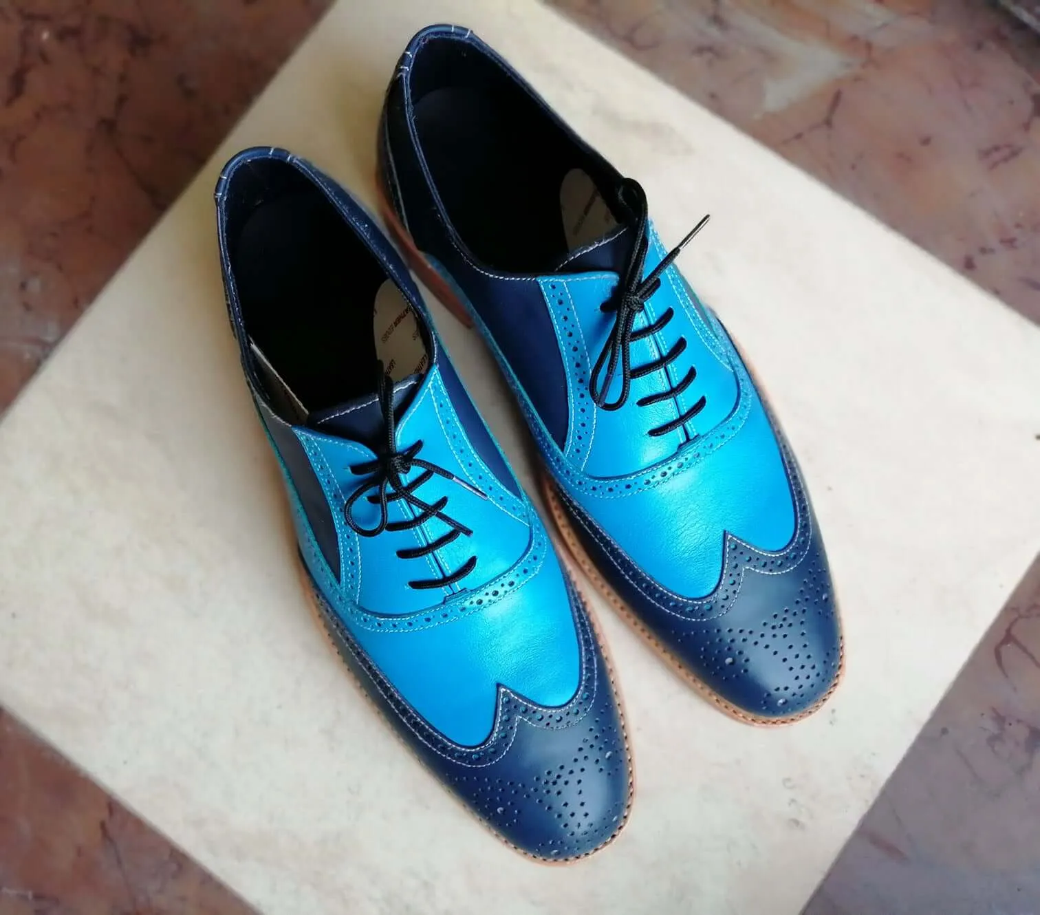 Bespoke Sky Blue & Blue Leather Wing Tip Lace Up Shoes