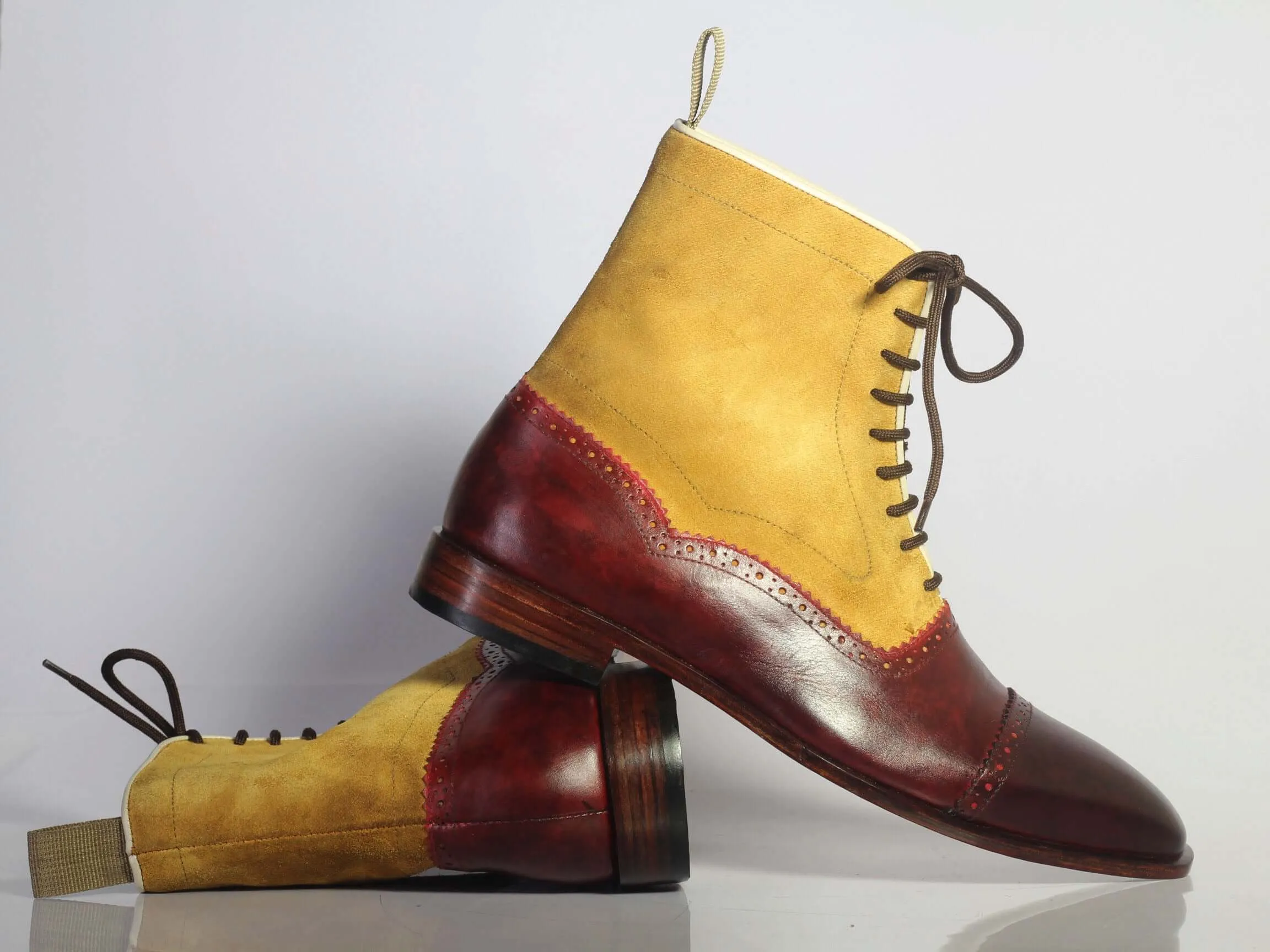 Bespoke Yellow & Burgundy Leather Ankle Cap Toe Lace Up Boot