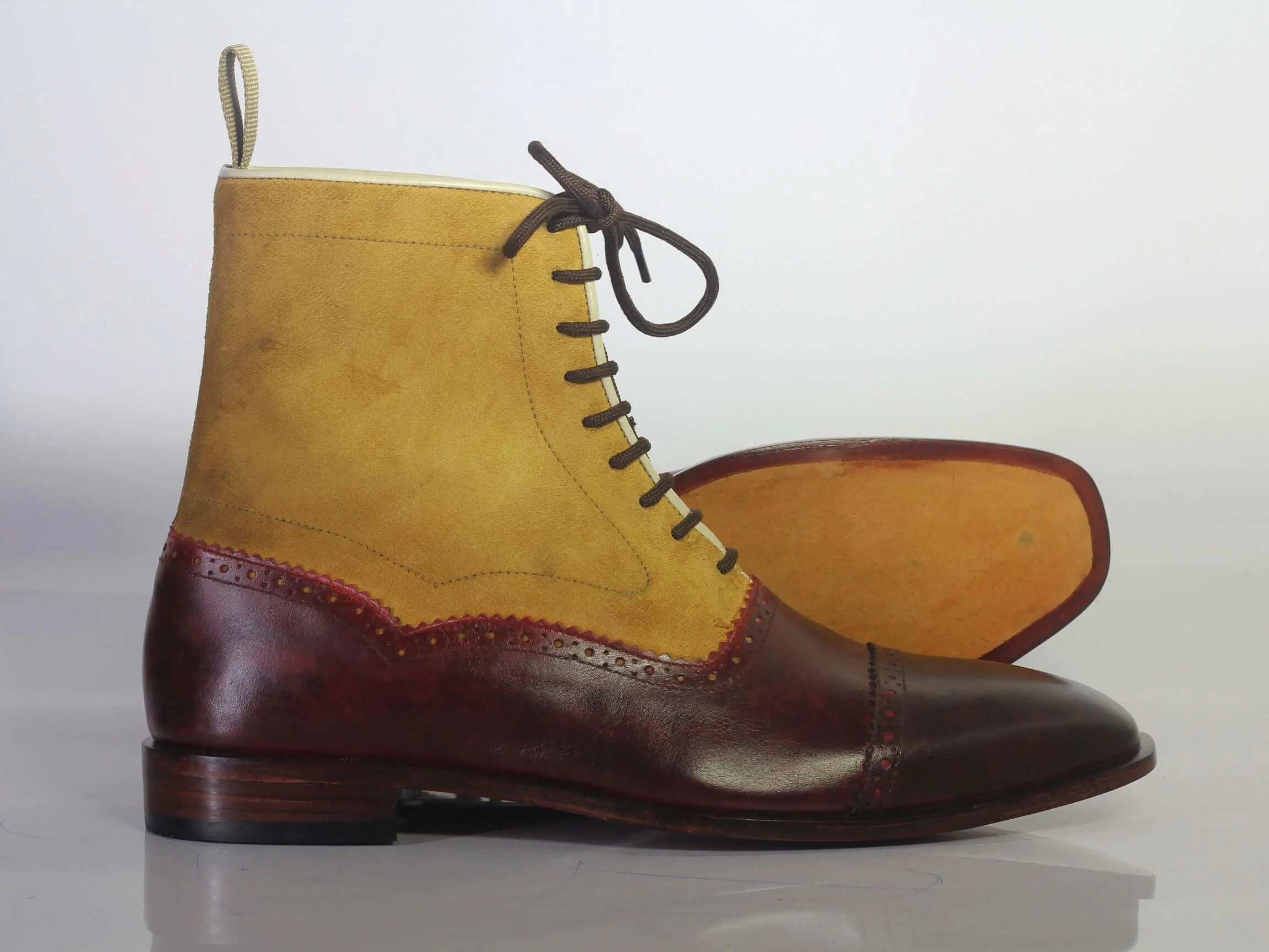 Bespoke Yellow & Burgundy Leather Ankle Cap Toe Lace Up Boot