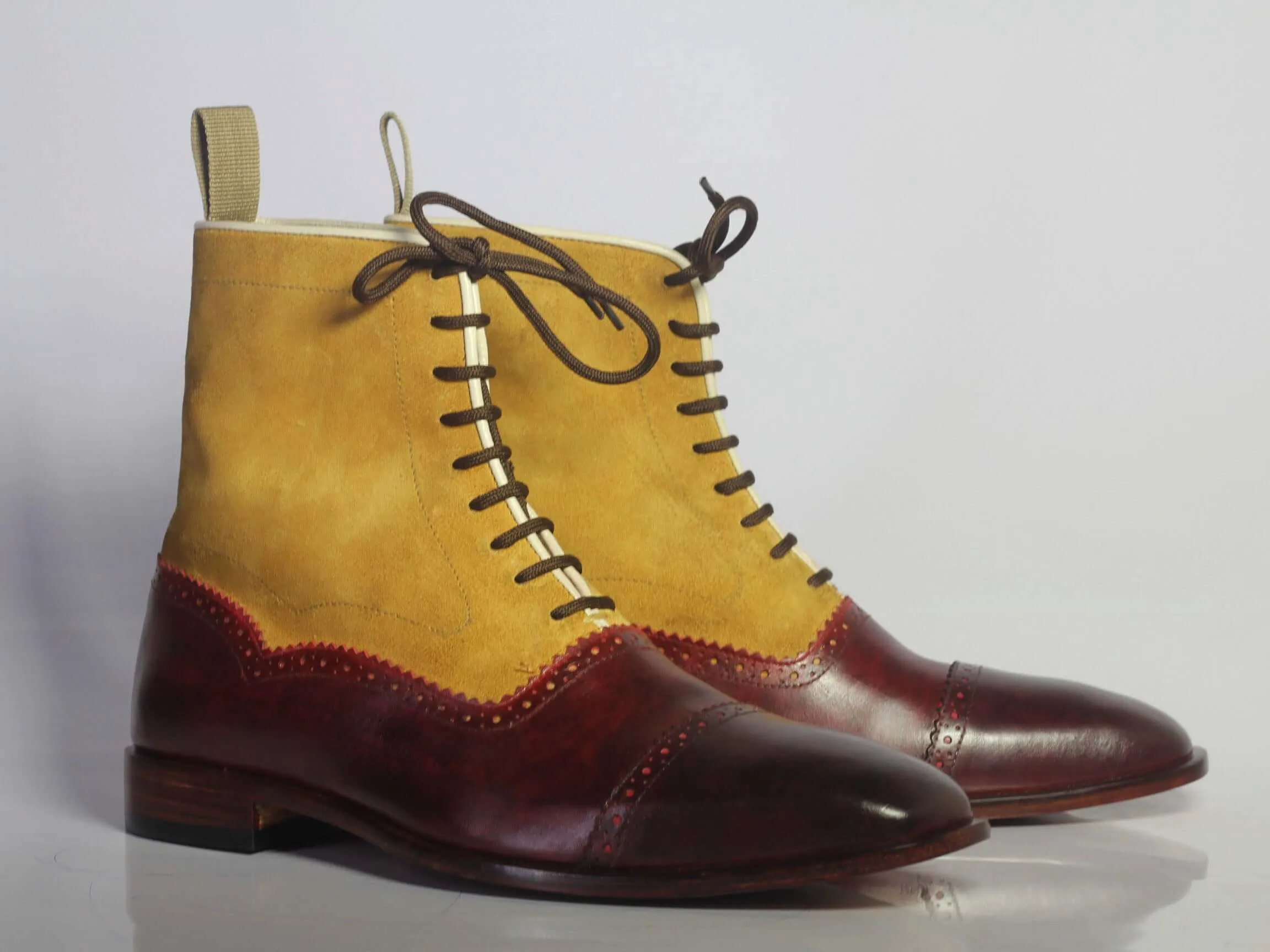 Bespoke Yellow & Burgundy Leather Ankle Cap Toe Lace Up Boot