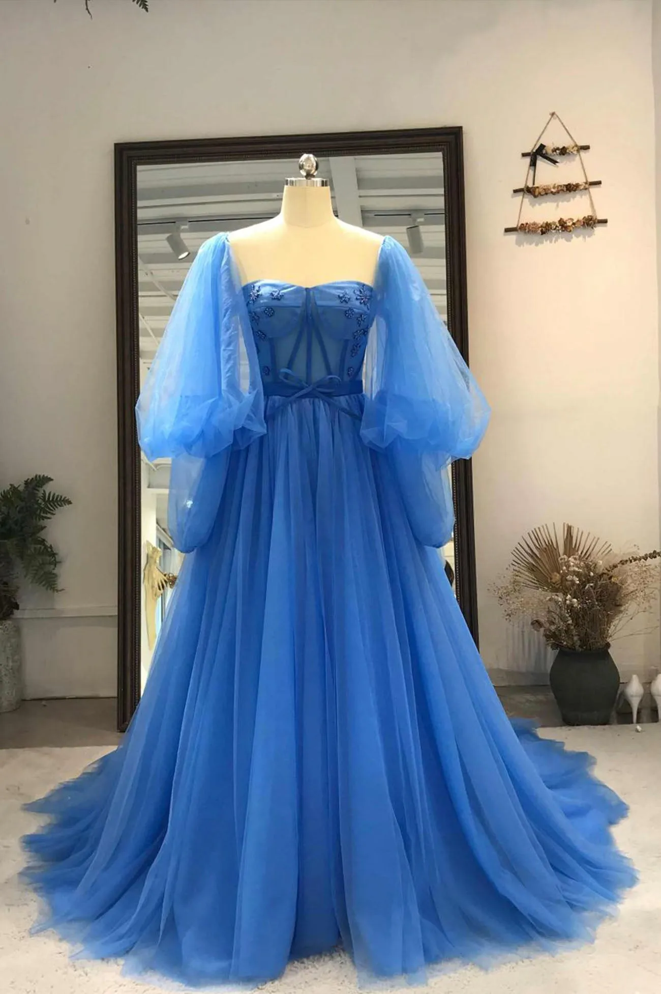 Blue Tulle Long Prom Dresses A-Line Long Sleeve Evening Dresses