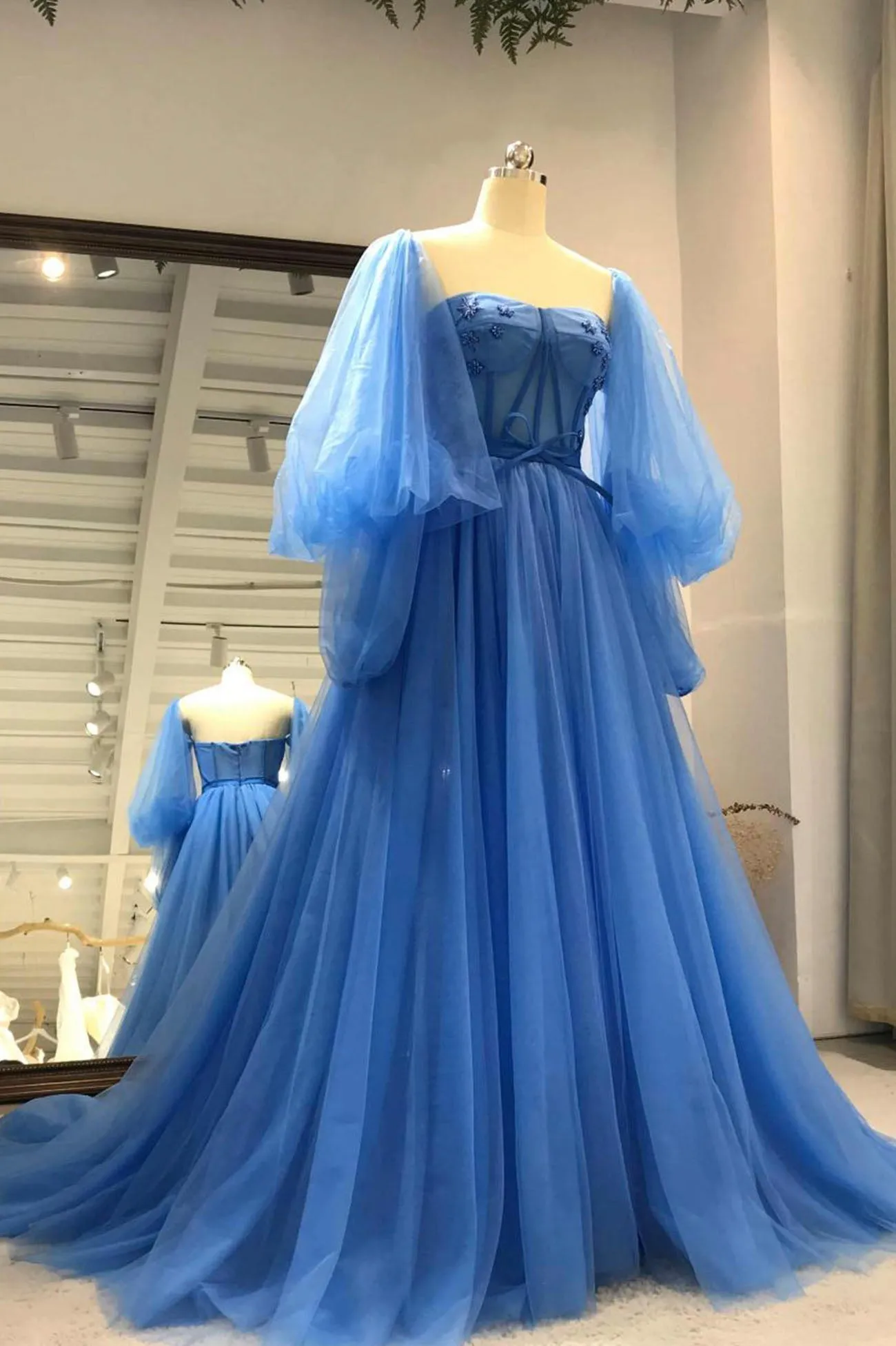 Blue Tulle Long Prom Dresses A-Line Long Sleeve Evening Dresses