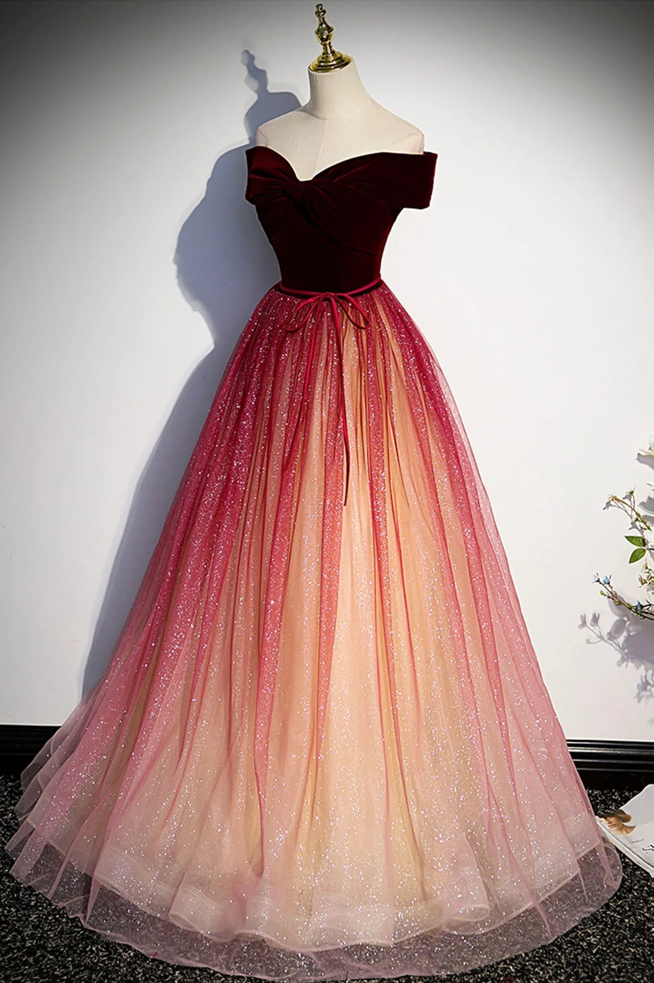 Burgundy Velvet Tulle Long Prom Dresses Off the Shoulder Formal Evening Dresses