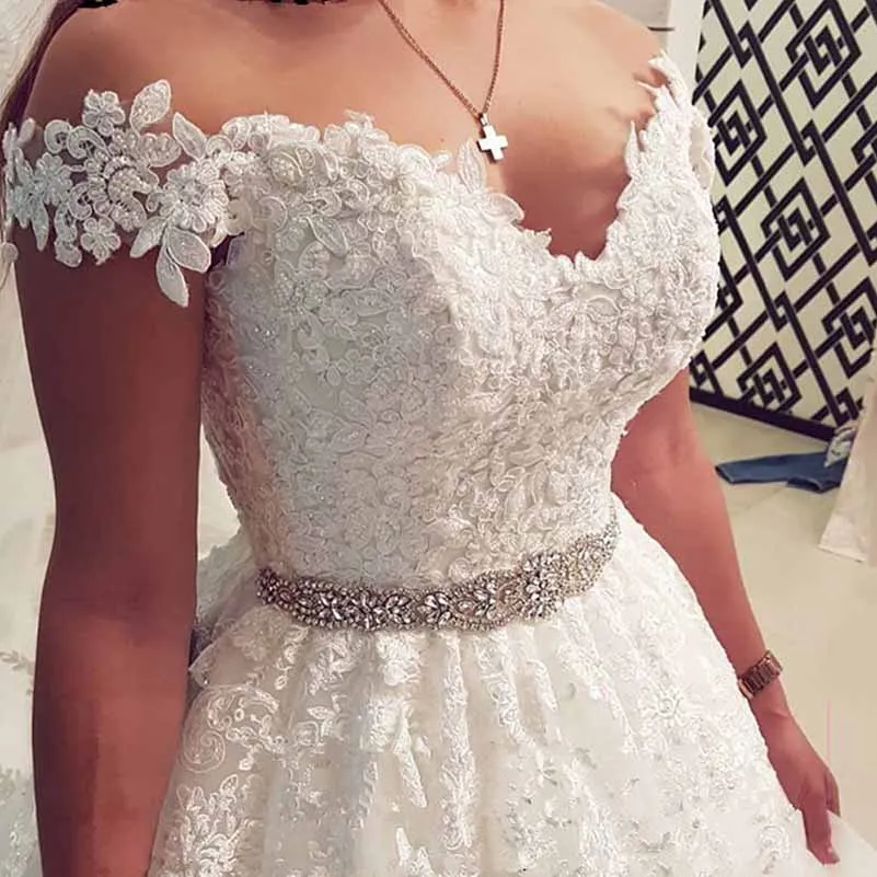 Cap Sleeves Wedding Dresses Off Shoulder Lace Applique A-line Gowns With Crystal Belt