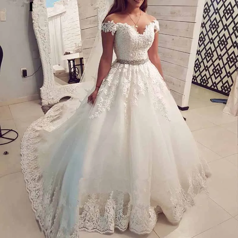 Cap Sleeves Wedding Dresses Off Shoulder Lace Applique A-line Gowns With Crystal Belt