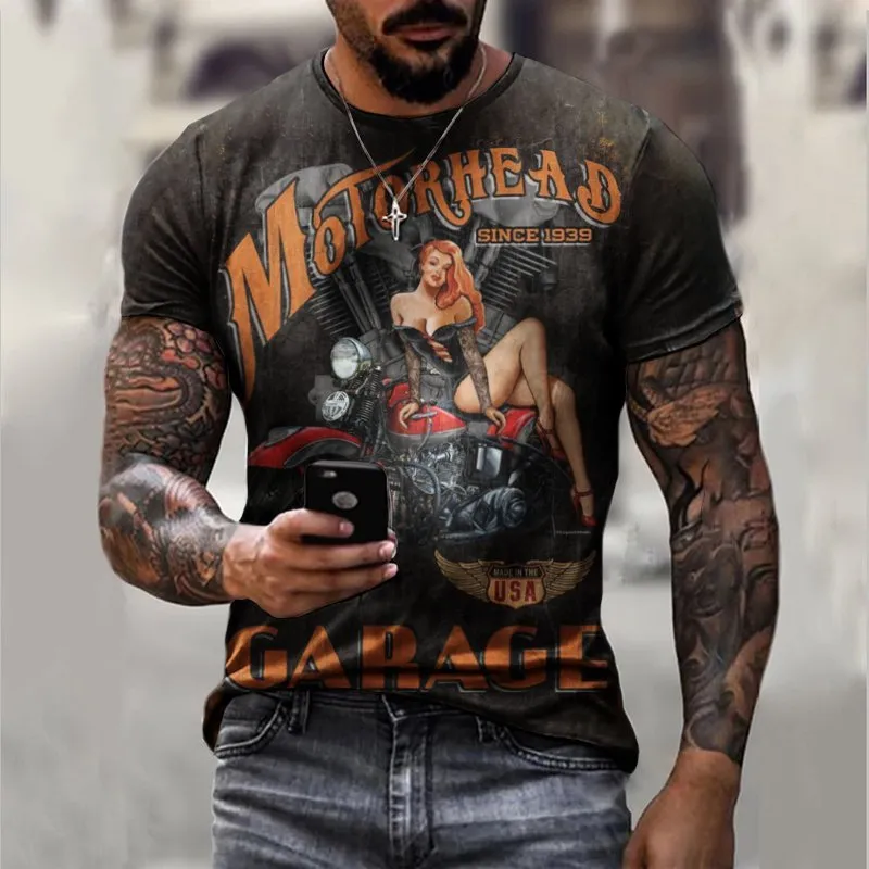 Casual Round Neck Motorcycle  Printed Top