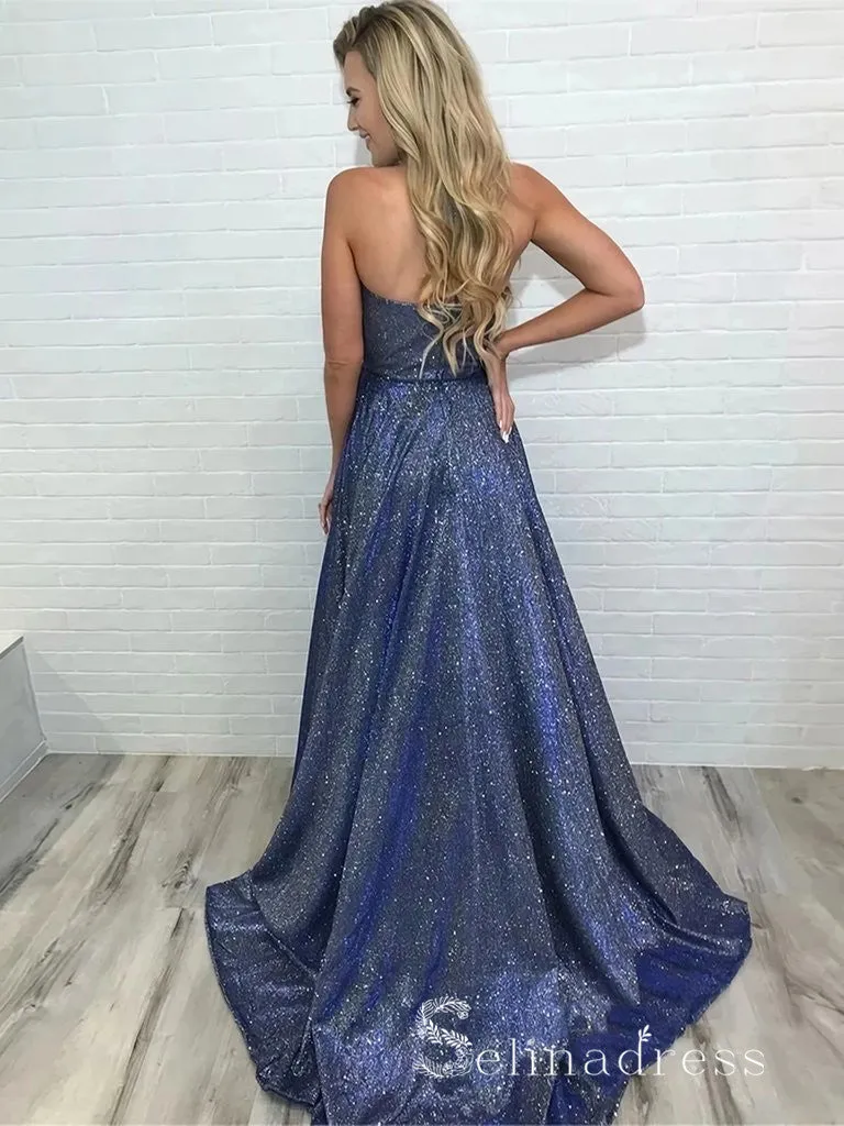 Chic A-line Spaghetti Straps Deep V neck Long Prom Dresses Sparkly Evening Dress CBD223