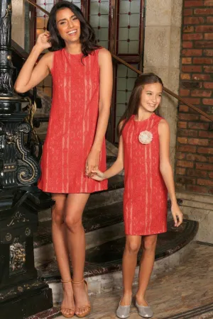 Coral Red Crochet Lace Sleeveless Mommy and Me Matching Summer Dresses