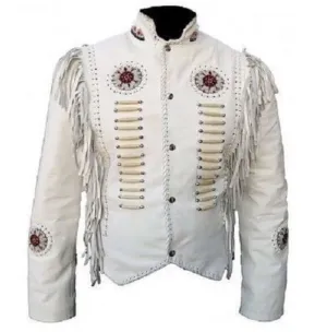 Cowboy Suede Leather White Jacket Western  Fringes Beads Jacket For Men's