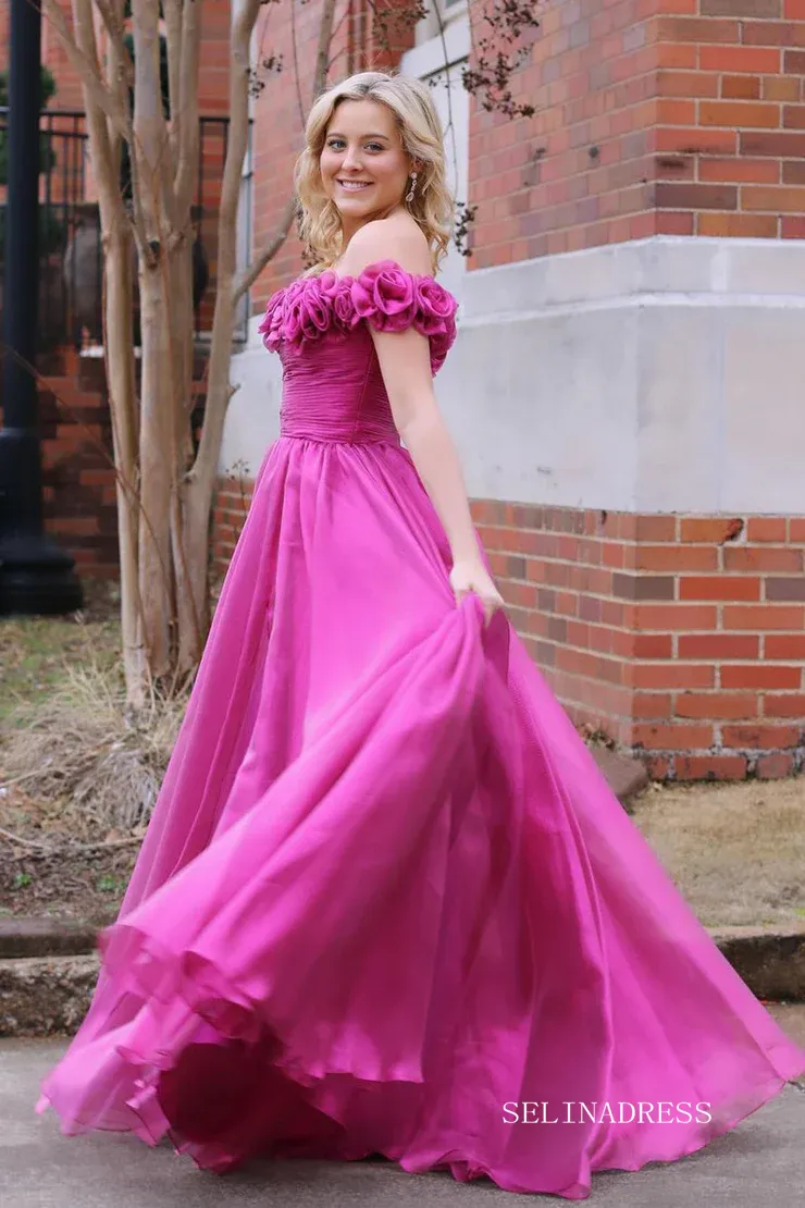 Cute A-line Off-the-shoulder Tulle Magenta Long Prom Dress lpk570