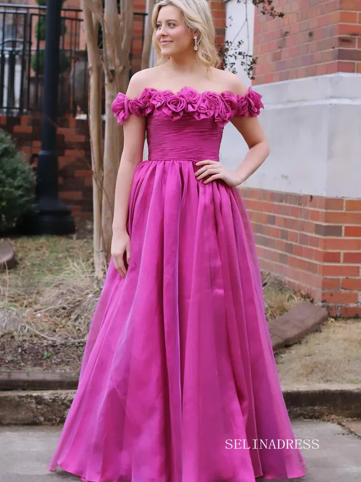 Cute A-line Off-the-shoulder Tulle Magenta Long Prom Dress lpk570