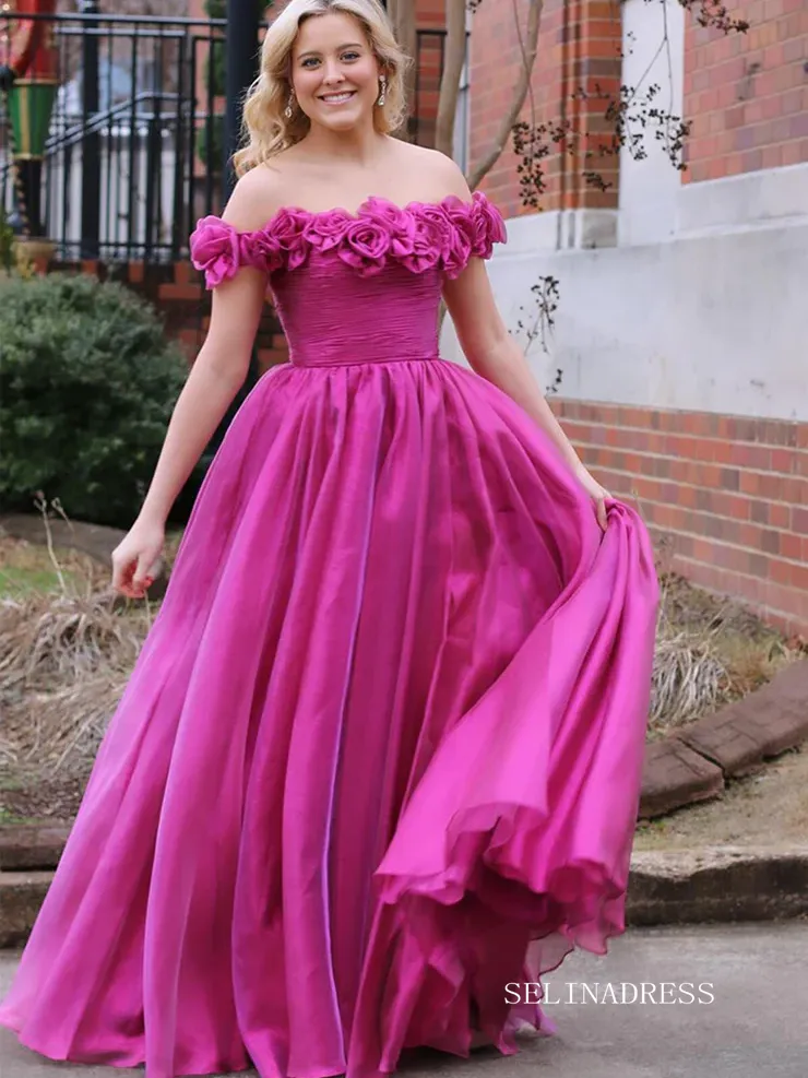 Cute A-line Off-the-shoulder Tulle Magenta Long Prom Dress lpk570