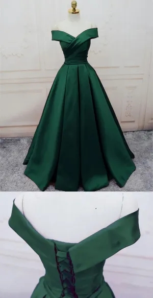 Emerald Green Long Satin Evening Dresses V Neck Off The Shoulder Prom Dresses