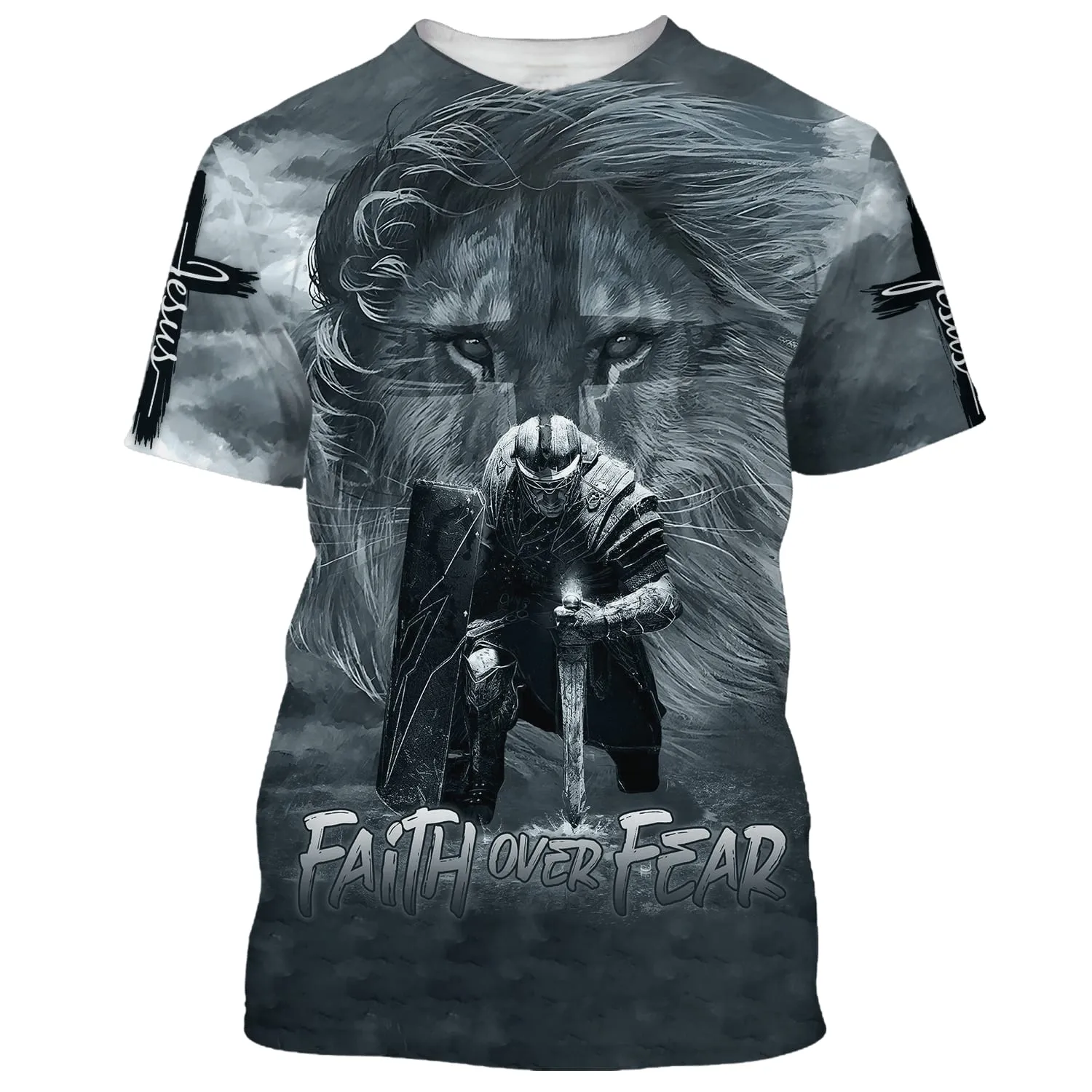 Faith Over Fear Lion Warrior 3d T-Shirts - Christian Shirts For Men&Women