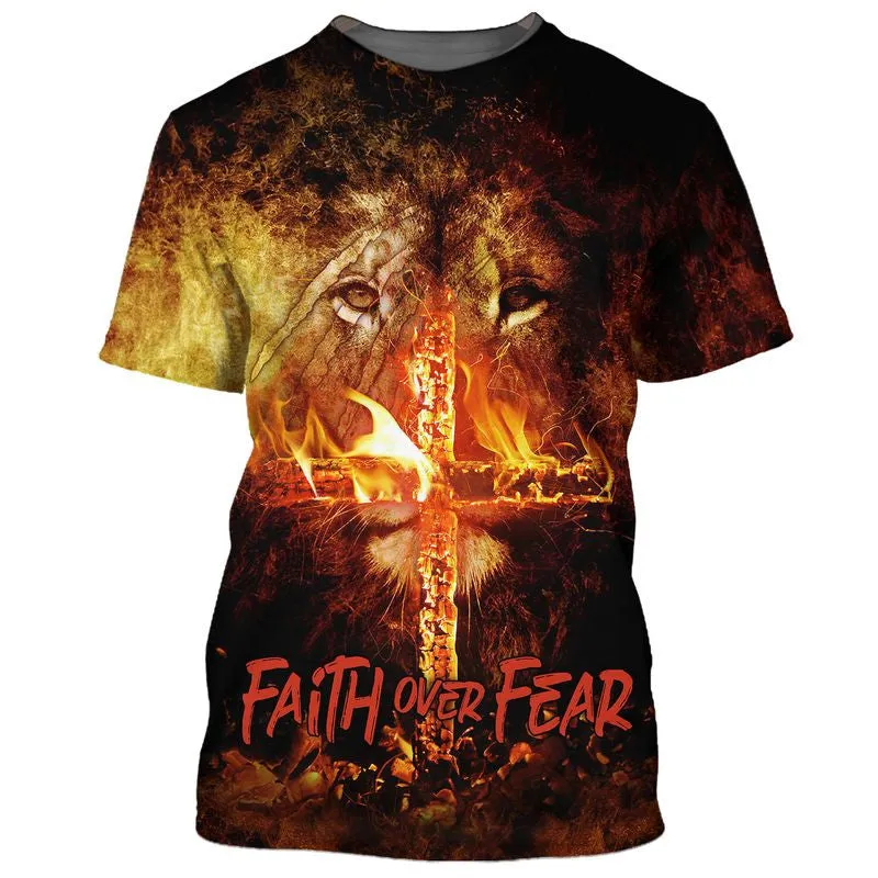 Faith Over Fear Shirts - Lion Burning Fire Cross 3D All Over Printed Shirt for Men and Women