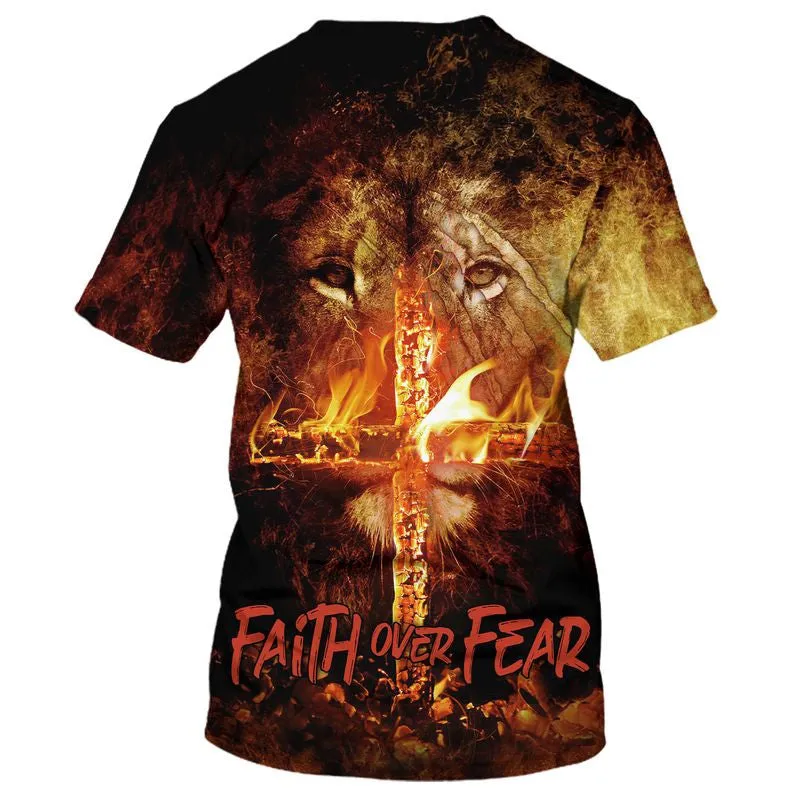 Faith Over Fear Shirts - Lion Burning Fire Cross 3D All Over Printed Shirt for Men and Women