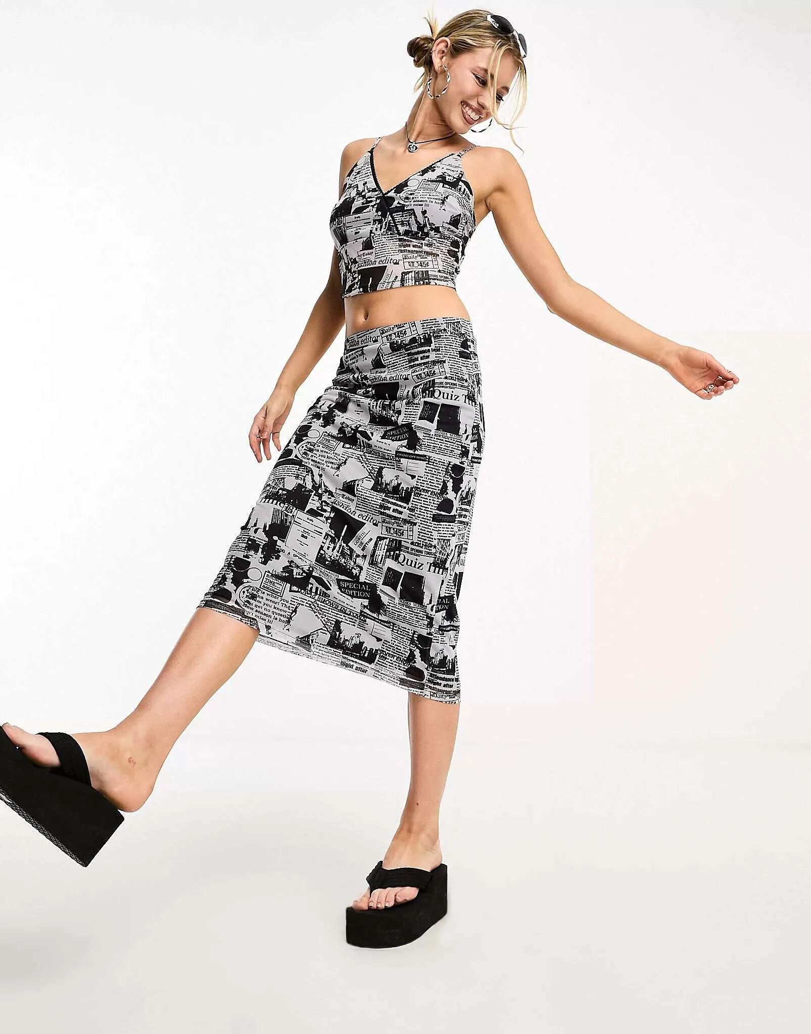 Fire & Glory midaxi skirt with newspaper print