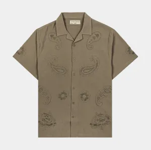 Floral Paisley Linen Mens Short Sleeve Shirt (Taupe)