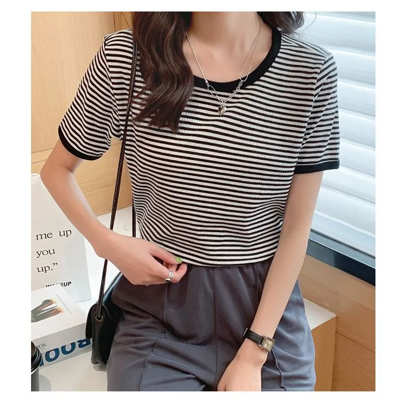 French Style Stripe Versatile Round Neck Color Blocking Niche Short Sleeve Tee