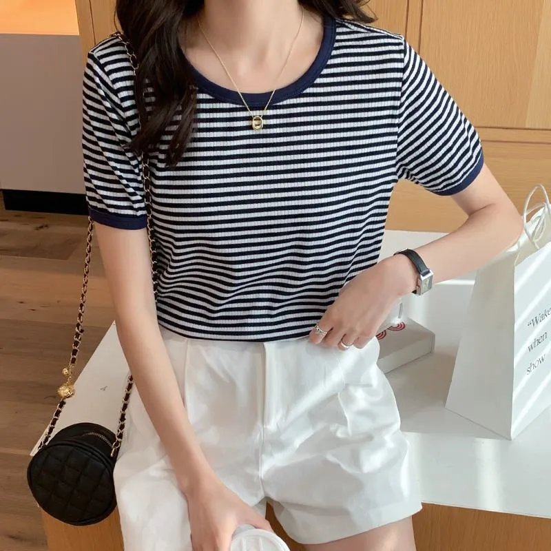 French Style Stripe Versatile Round Neck Color Blocking Niche Short Sleeve Tee