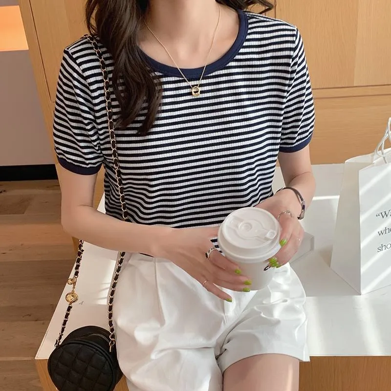 French Style Stripe Versatile Round Neck Color Blocking Niche Short Sleeve Tee