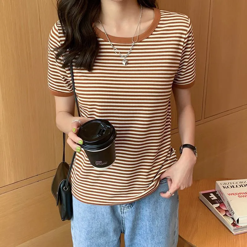 French Style Stripe Versatile Round Neck Color Blocking Niche Short Sleeve Tee