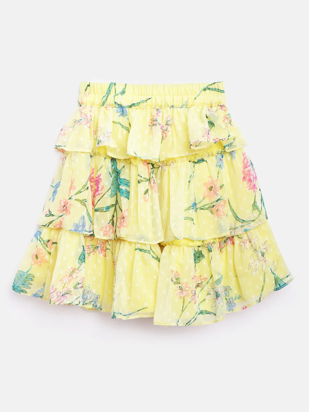 Girls Pink Yellow Solid Blouson Ruffled Top With Tiered Skirt