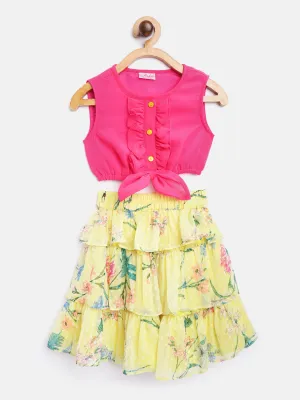 Girls Pink Yellow Solid Blouson Ruffled Top With Tiered Skirt