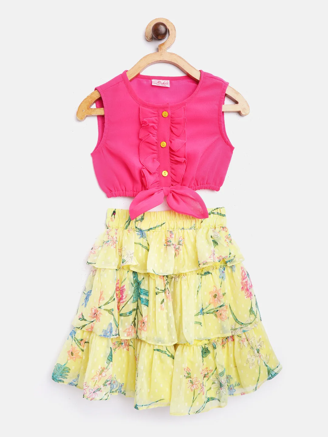 Girls Pink Yellow Solid Blouson Ruffled Top With Tiered Skirt