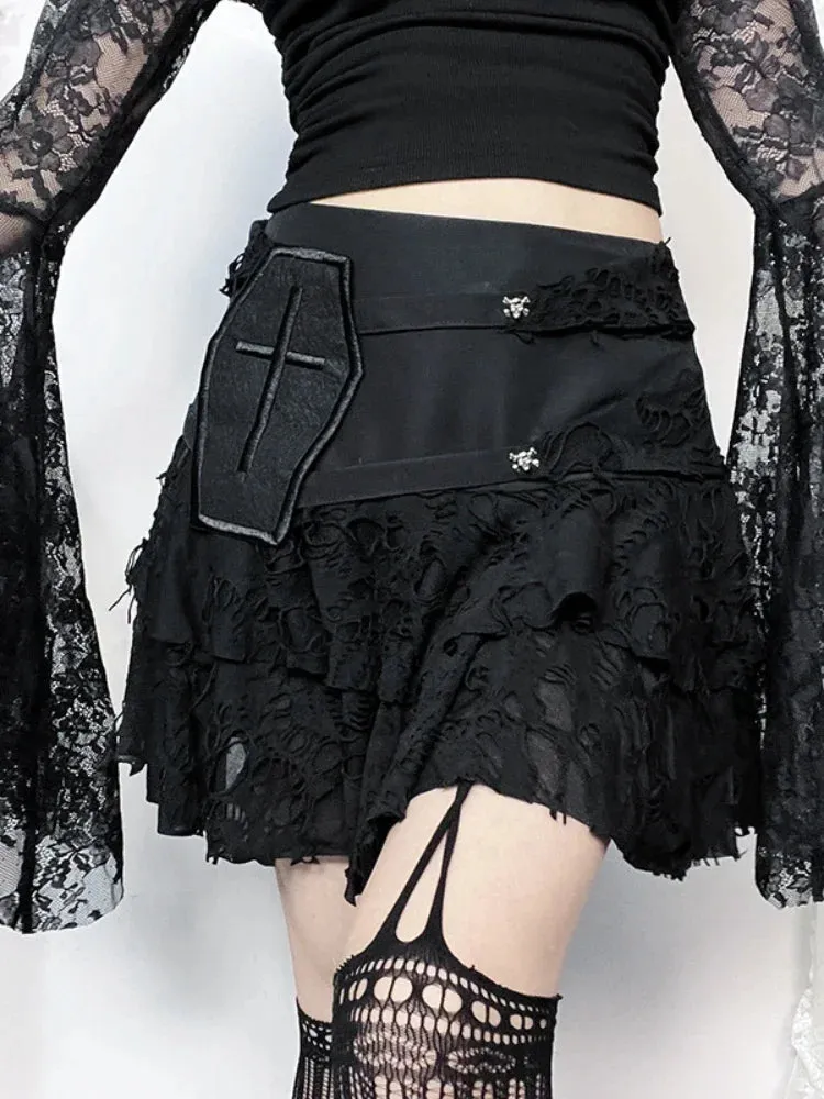 Gothic Summer Ripped Hole Versatile Sexy Lace Cake Skirt