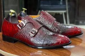 Hand Painted Red Crocodile Texture Shoes, Double Monk Style With Cap Toe Shoes