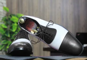 Handmade Black & White Cap Toe Leather Shoes, Men's Lace Up Dress Shoes