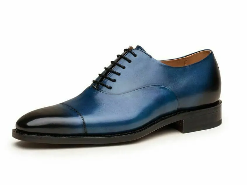 Handmade Blue Cap Toe Lace Up Leather Shoes For Men's