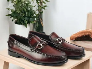 Handmade Cordovan Color Loafer Shoes, Men's Horsebit Style Shoes. Genuine Leather Shoes